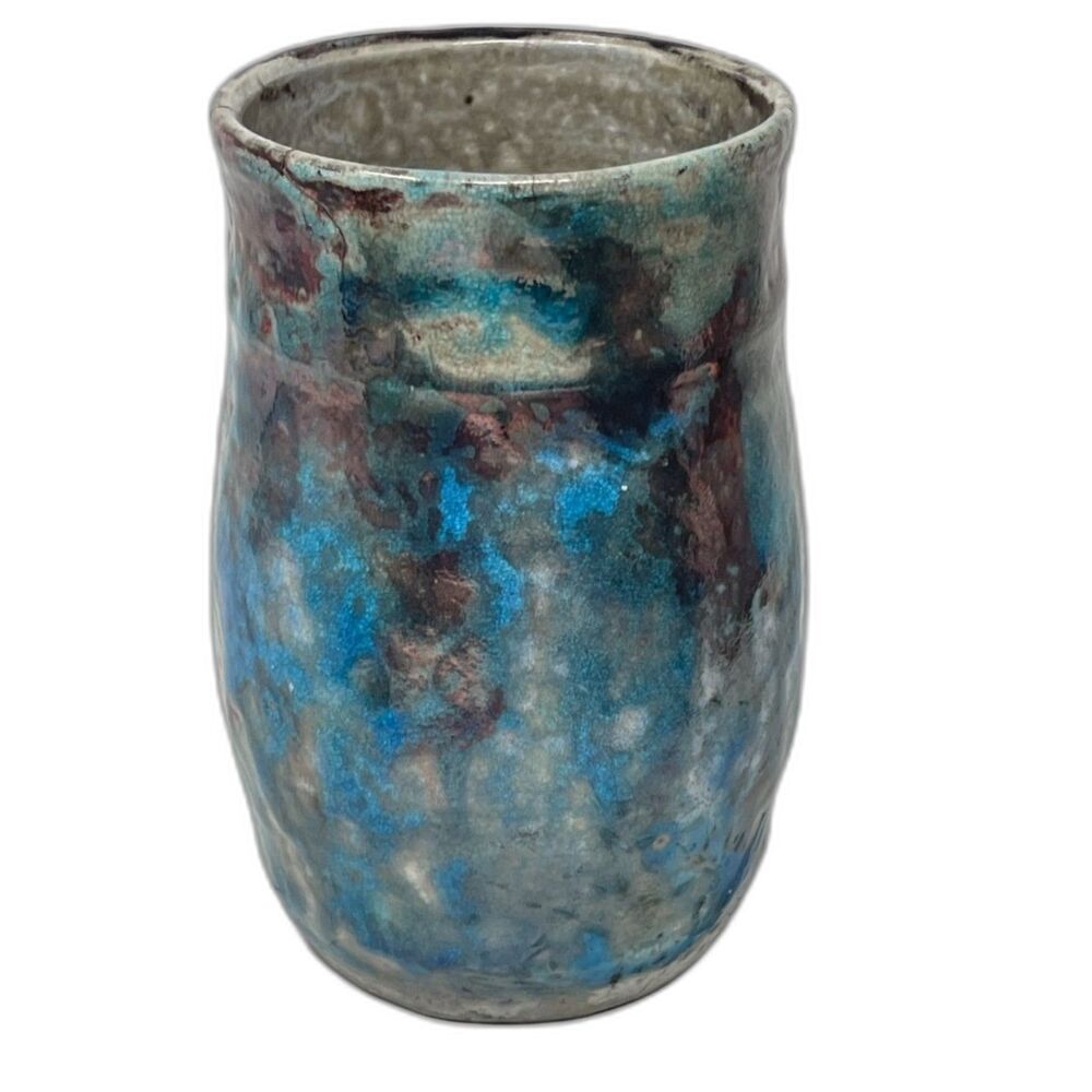 Signed Dockter Nevada City, Art Pottery Blue Brown Brush Utensil Holder Vase 6"